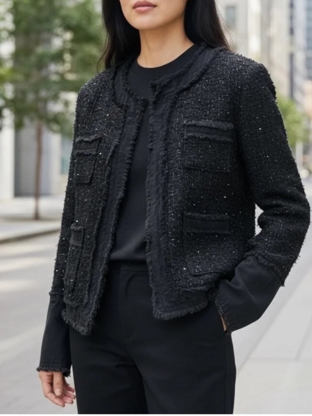 Nanette Lepore Tweed Jean Fringe-Trim Jacket L